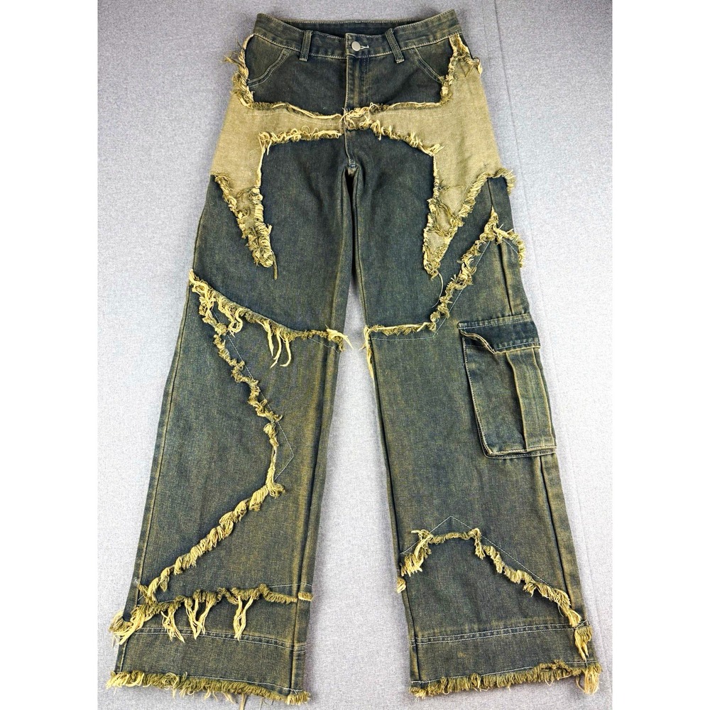 ROMWE Jeans Womens 4 S Y2K Grunge Patchwork Distressed Cargo Wide Leg Black
